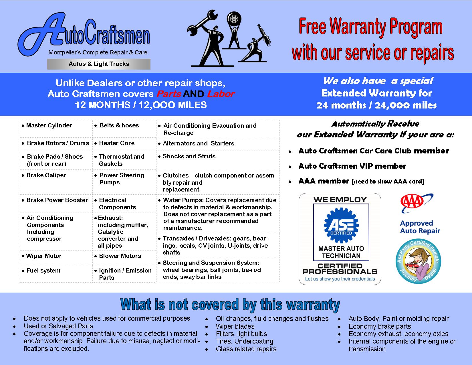 Life Time Warranty Program on Parts and Labor! | Auto Craftsmen LTD.