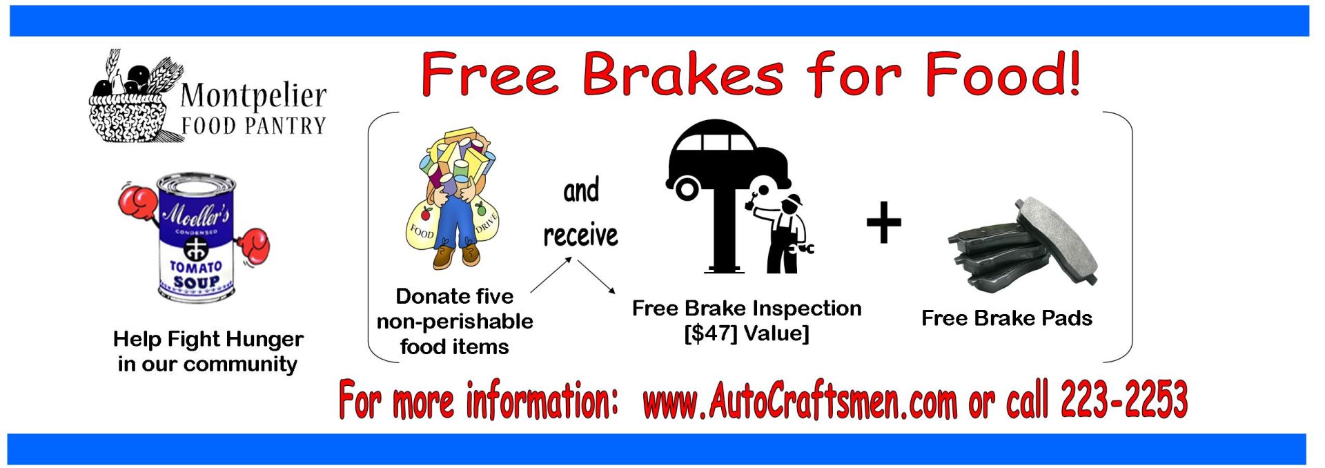 Free Brakes For Food to Support the Montpelier Food Pantry!